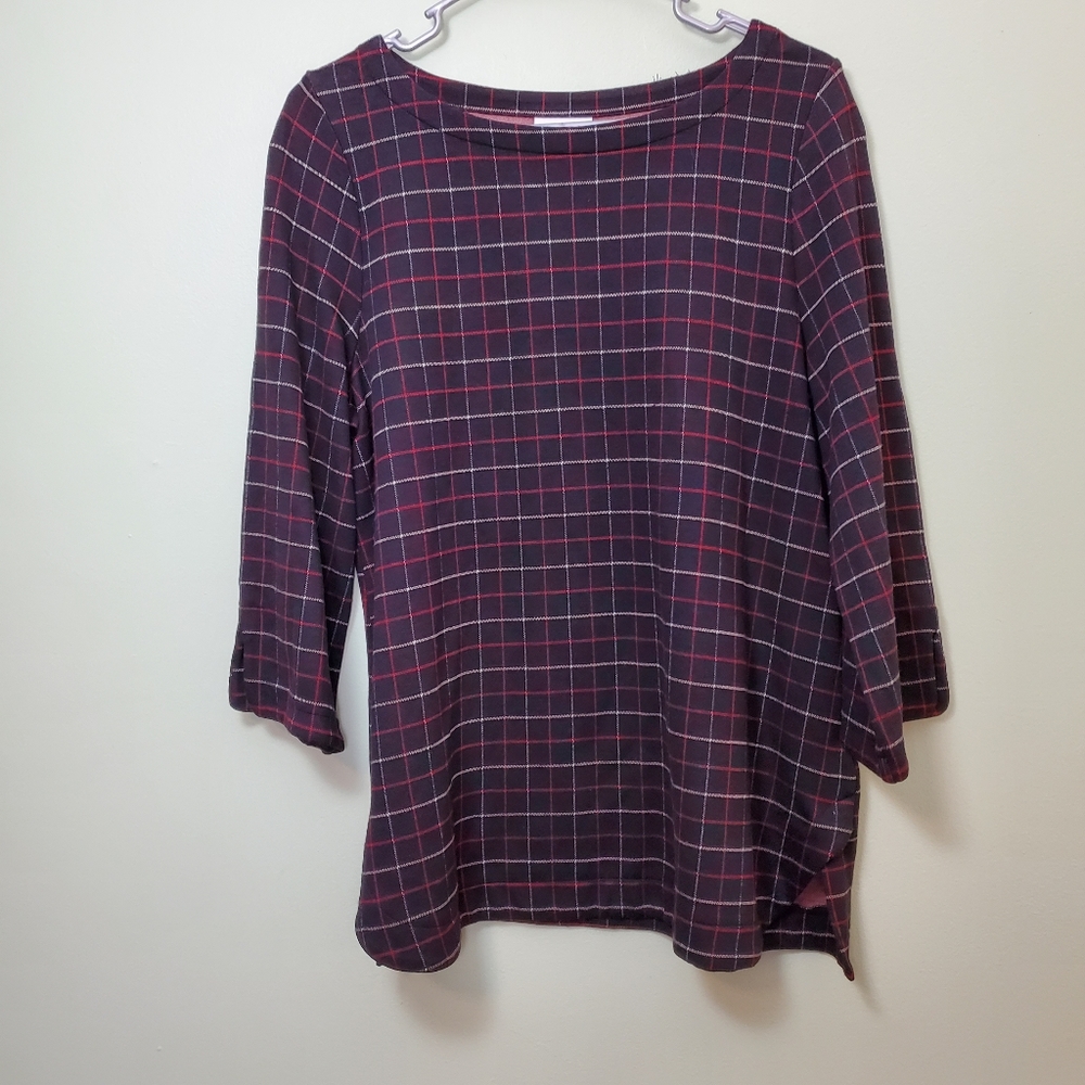 J. Jill Ponte Tunic Sz M Petite Black, Red, White Checkered 3/4 Sleeve Top Shirt
